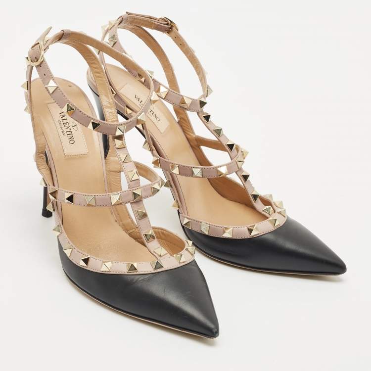 Pre Owned Valentino Black/Beige Leather Rockstud Caged Ankle Strap Pumps Size 40.5