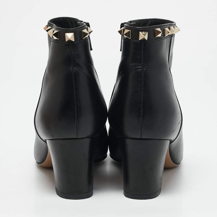 Pre Owned Valentino Black Leather Rockstud Pointed Toe Block Heel Ankle Boots Size 36