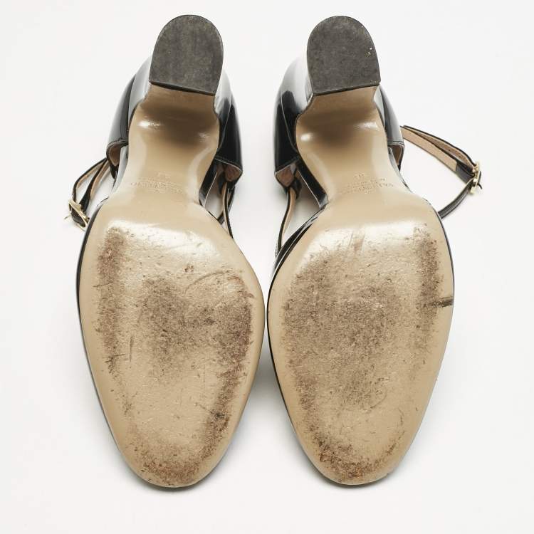 Pre Owned Valentino Black Patent Leather Ankle Strap Block Heel Pumps Size 36