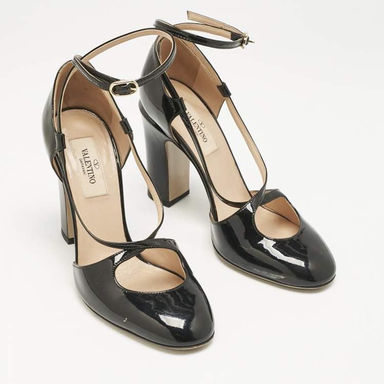 Pre Owned Valentino Black Patent Leather Ankle Strap Block Heel Pumps Size 36