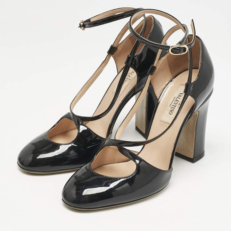 Pre Owned Valentino Black Patent Leather Ankle Strap Block Heel Pumps Size 36