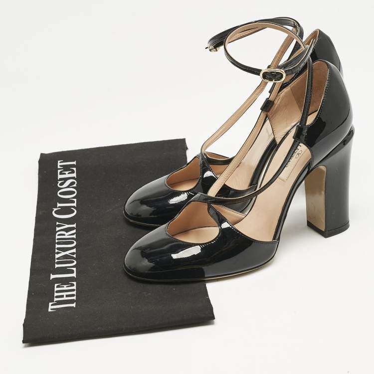 Pre Owned Valentino Black Patent Leather Ankle Strap Block Heel Pumps Size 36