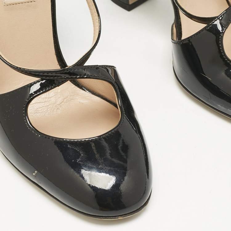Pre Owned Valentino Black Patent Leather Ankle Strap Block Heel Pumps Size 36