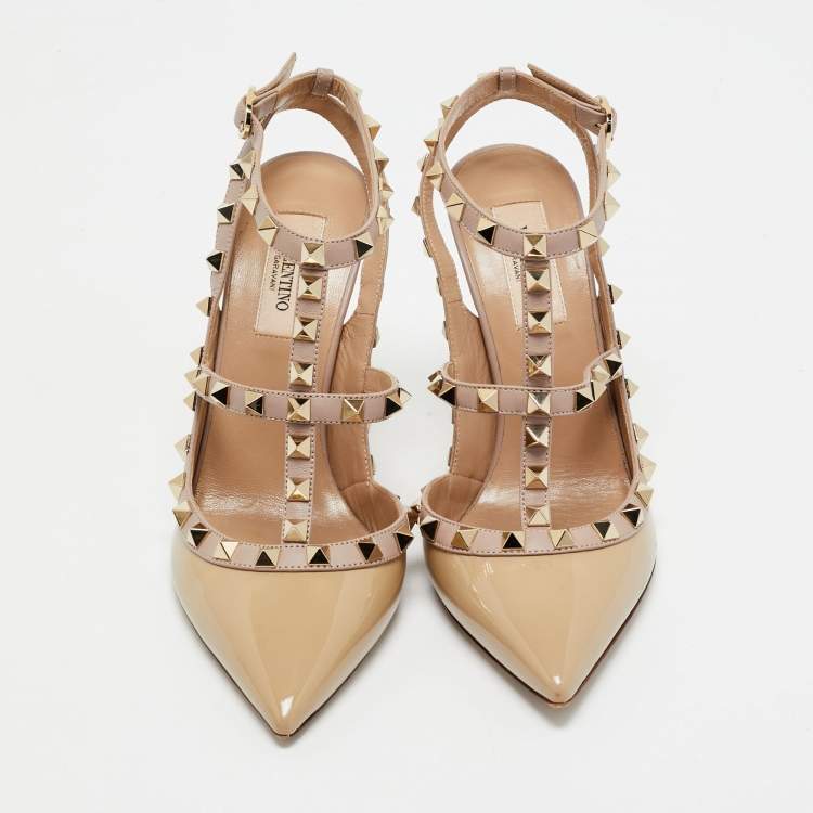 Pre Owned Valentino Beige Patent Leather Rockstud Ankle Strap Pumps Size 37.5