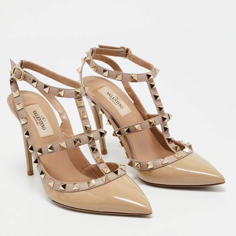 Pre Owned Valentino Beige Patent Leather Rockstud Ankle Strap Pumps Size 37.5