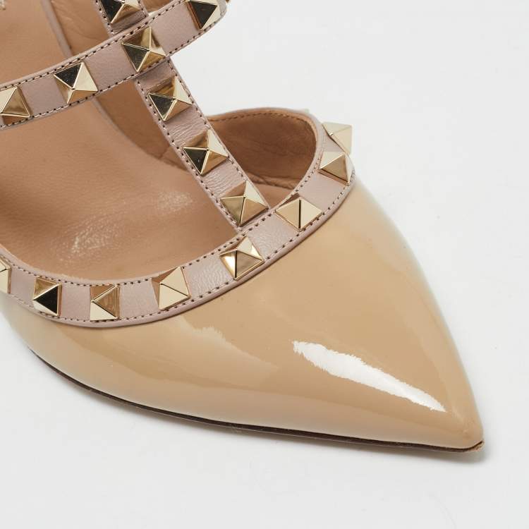 Pre Owned Valentino Beige Patent Leather Rockstud Ankle Strap Pumps Size 37.5