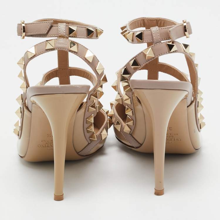 Pre Owned Valentino Beige Patent Leather Rockstud Ankle Strap Pumps Size 37.5