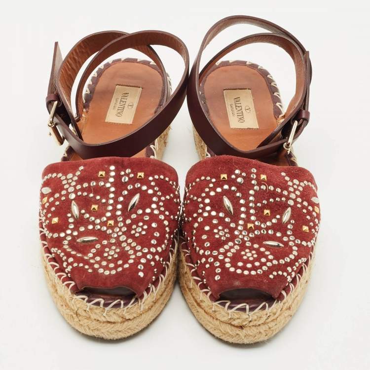 Pre Owned Valentino Burgundy Embellished Suede and Leather Ankle Strap Espadrille Flats Size 39