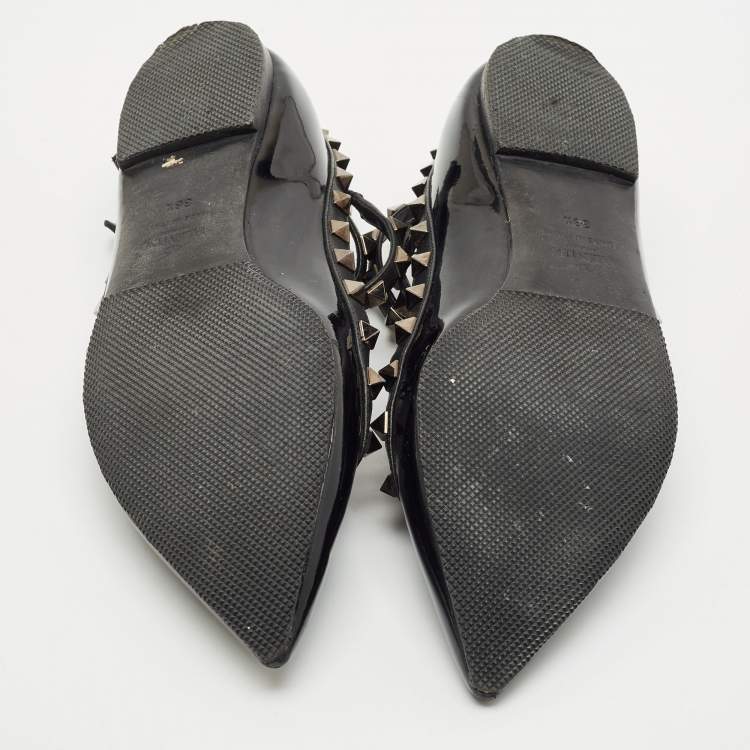 Pre Owned Valentino Black Leather and Patent Rockstud Cage Ballet Flats Size 38.5