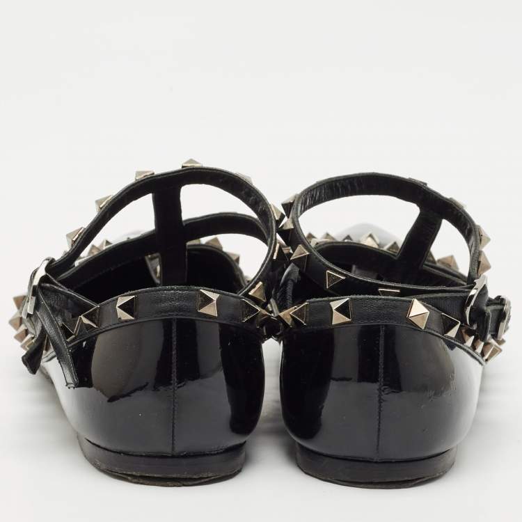 Pre Owned Valentino Black Leather and Patent Rockstud Cage Ballet Flats Size 38.5