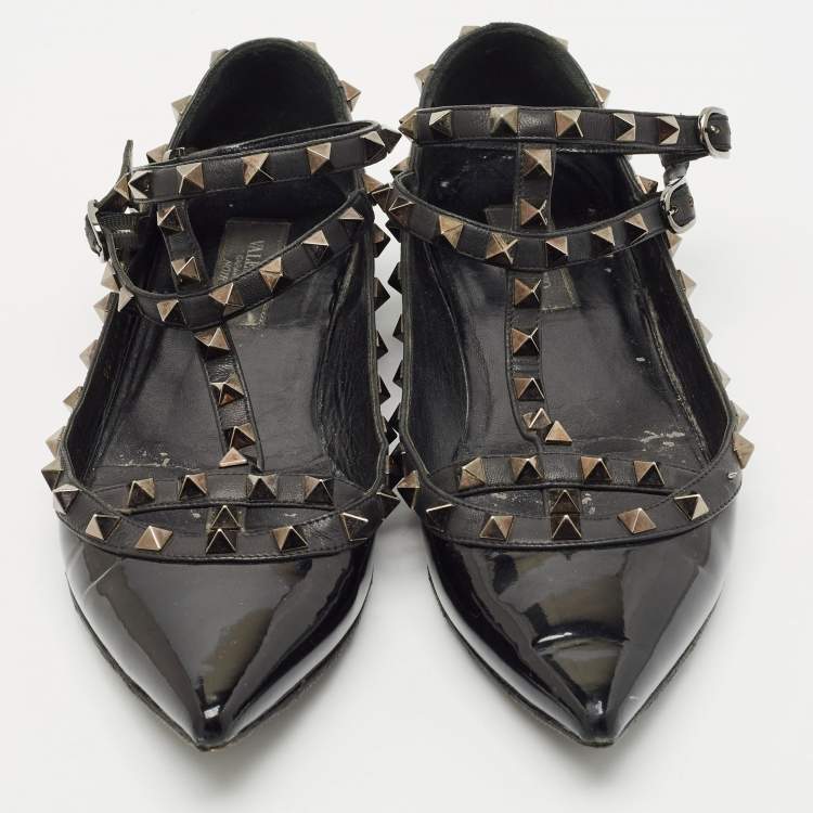 Pre Owned Valentino Black Leather and Patent Rockstud Cage Ballet Flats Size 38.5
