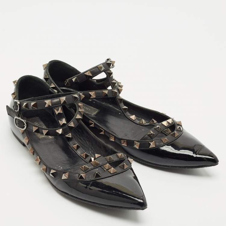 Pre Owned Valentino Black Leather and Patent Rockstud Cage Ballet Flats Size 38.5