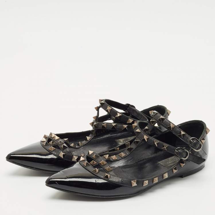 Pre Owned Valentino Black Leather and Patent Rockstud Cage Ballet Flats Size 38.5