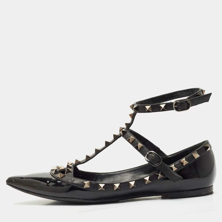 Pre Owned Valentino Black Leather and Patent Rockstud Cage Ballet Flats Size 38.5
