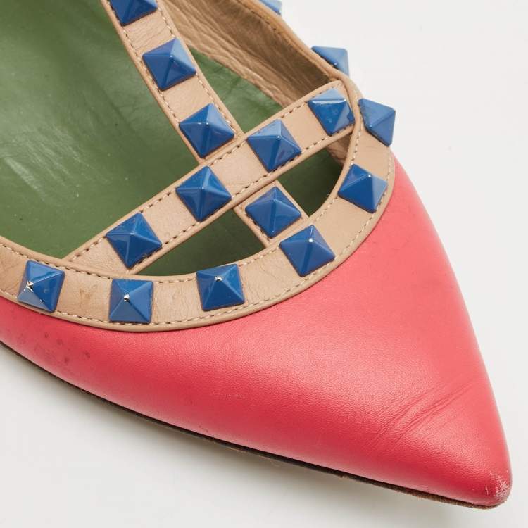 Pre Owned Valentino Pink/Beige Leather Rockstud Ankle Strap Ballet Flats Size 37