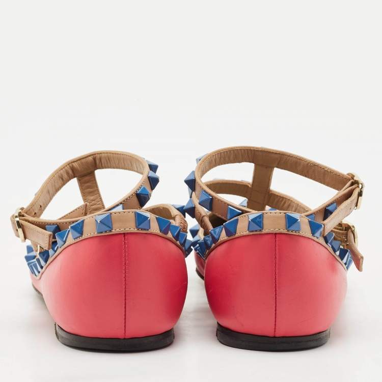 Pre Owned Valentino Pink/Beige Leather Rockstud Ankle Strap Ballet Flats Size 37