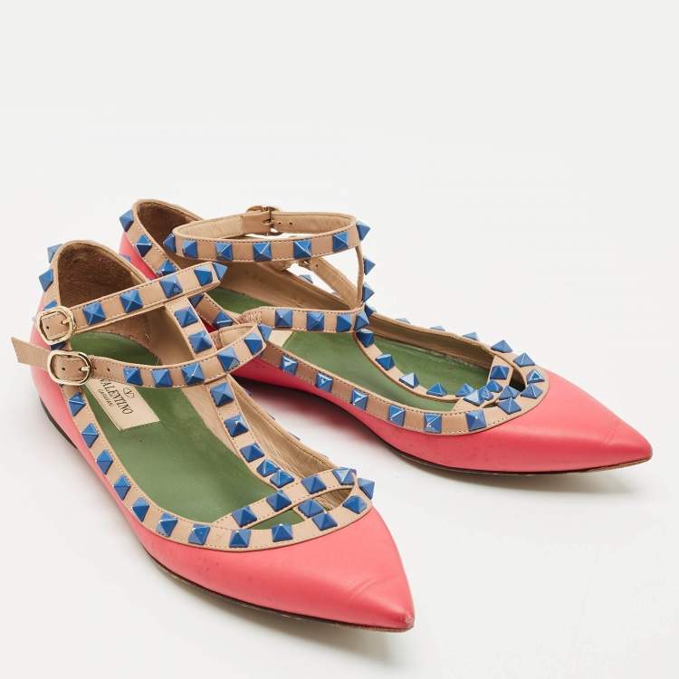 Pre Owned Valentino Pink/Beige Leather Rockstud Ankle Strap Ballet Flats Size 37