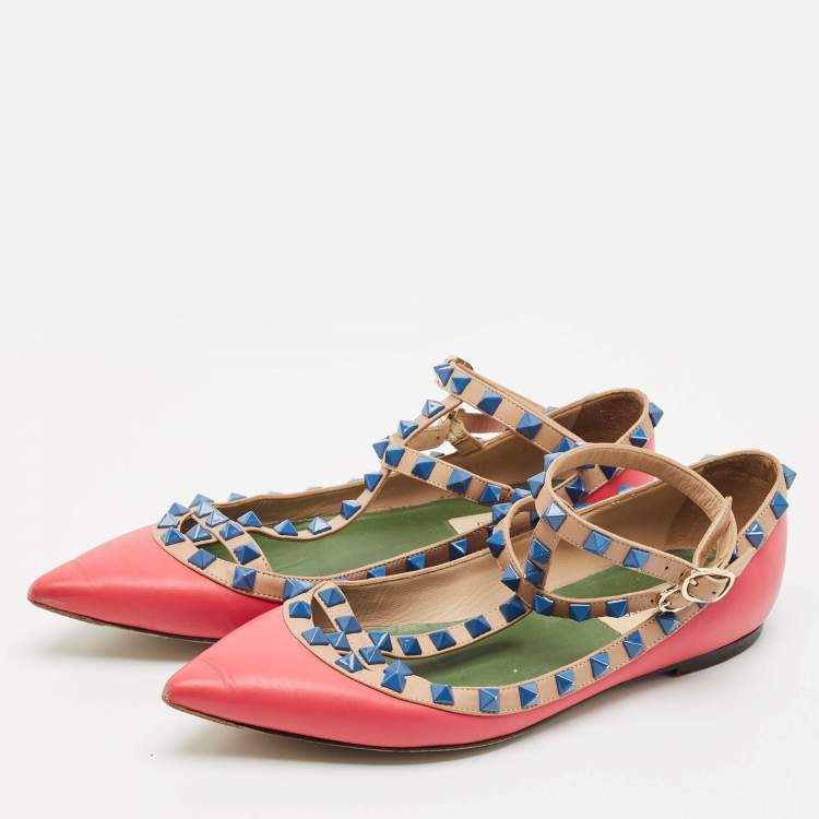 Pre Owned Valentino Pink/Beige Leather Rockstud Ankle Strap Ballet Flats Size 37