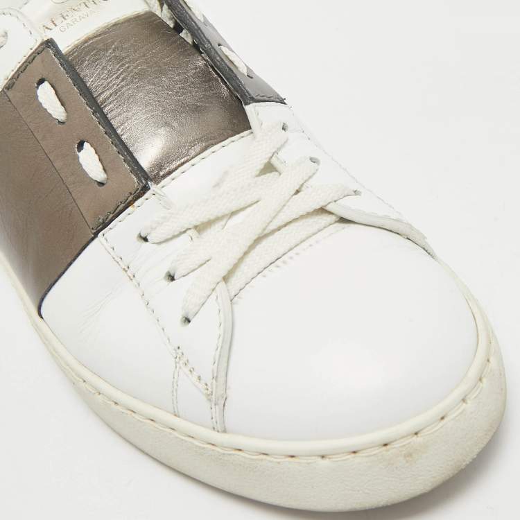 Pre Owned Valentino White/Bronze Leather Open For A Change Rockstud Sneakers Size 39
