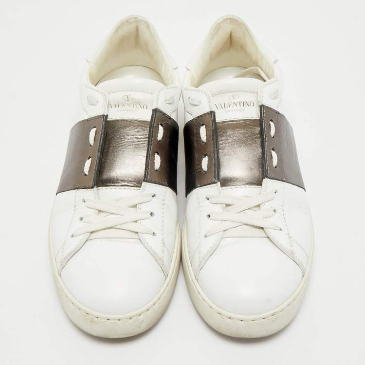 Pre Owned Valentino White/Bronze Leather Open For A Change Rockstud Sneakers Size 39