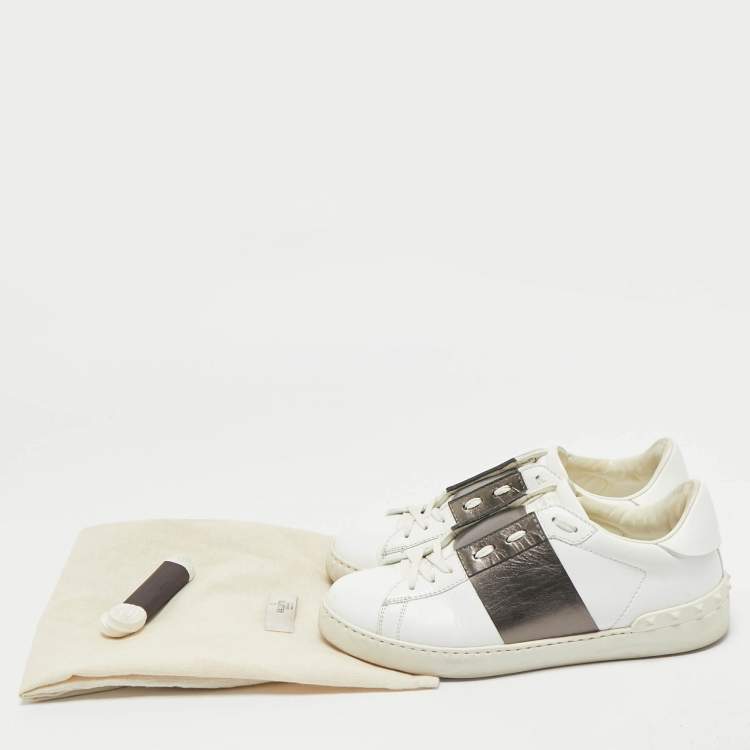 Pre Owned Valentino White/Bronze Leather Open For A Change Rockstud Sneakers Size 39