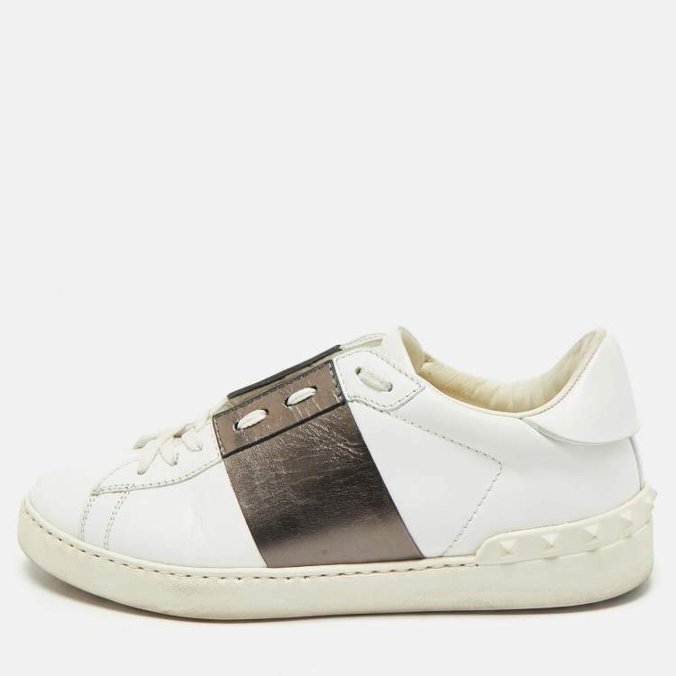 Pre Owned Valentino White/Bronze Leather Open For A Change Rockstud Sneakers Size 39