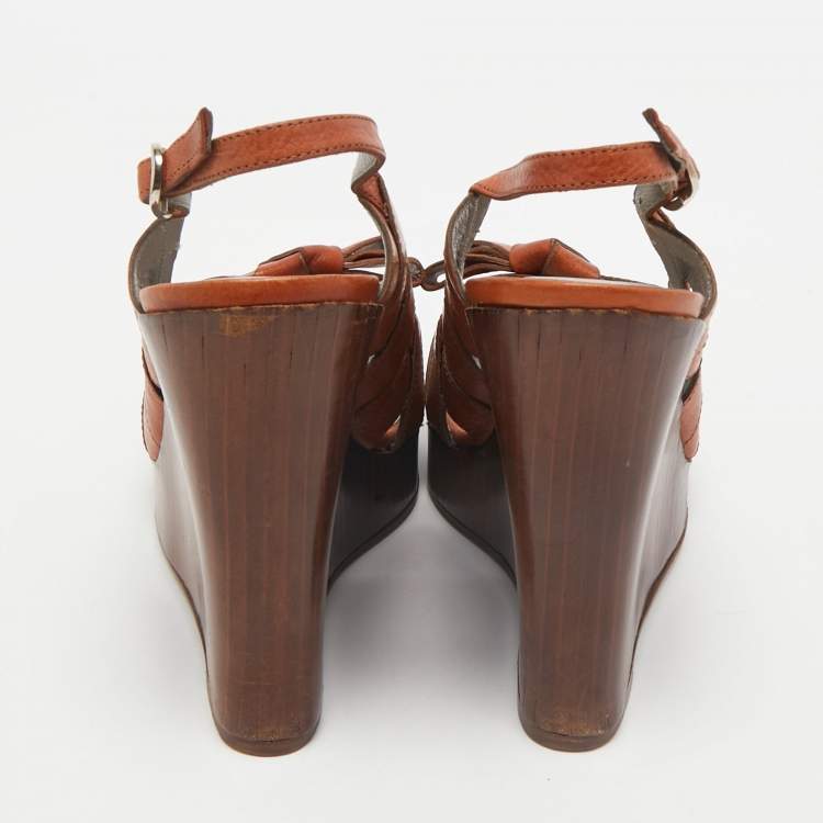 Pre Owned Valentino Brown Leather Bow Wedge Sandals Size 39