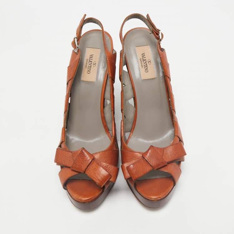 Pre Owned Valentino Brown Leather Bow Wedge Sandals Size 39