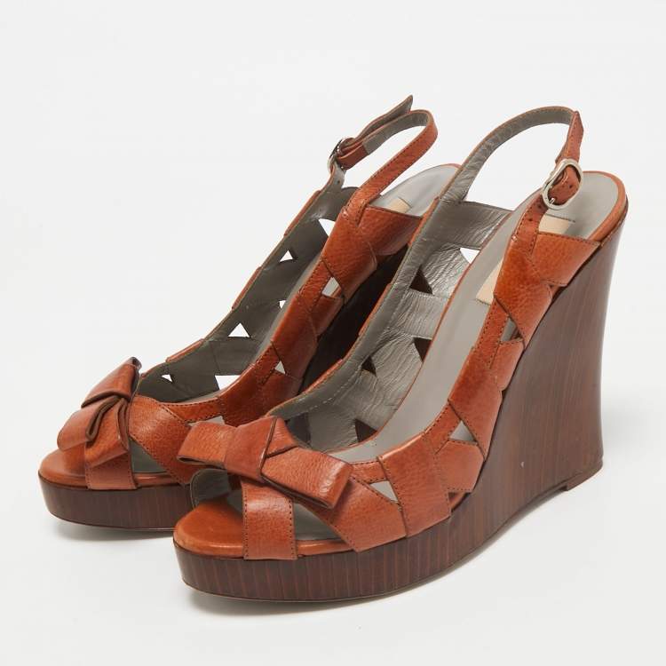 Pre Owned Valentino Brown Leather Bow Wedge Sandals Size 39