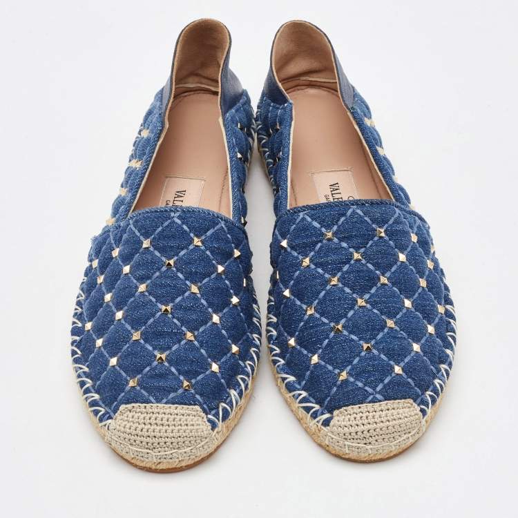 Pre Owned Valentino Blue Quilted Denim Rockstud Slip On Espadrille Flats Size 35