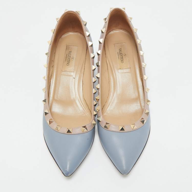Pre Owned Valentino Blue  Leather Rockstud Pointed Toe Wedge Pumps Size 37.5