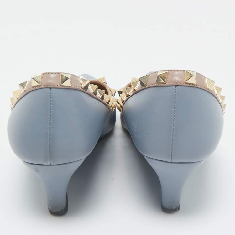 Pre Owned Valentino Blue  Leather Rockstud Pointed Toe Wedge Pumps Size 37.5
