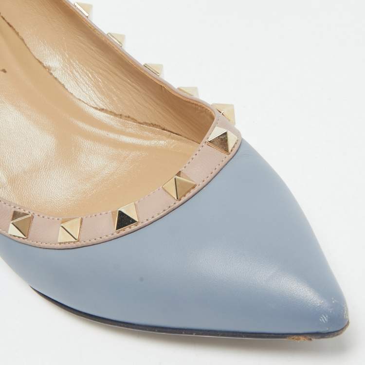 Pre Owned Valentino Blue  Leather Rockstud Pointed Toe Wedge Pumps Size 37.5