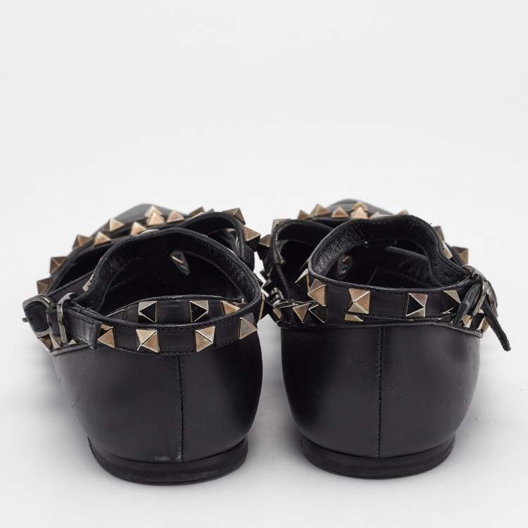Pre Owned Valentino Black Leather Rockstud Cage Ballet Flats Size 38
