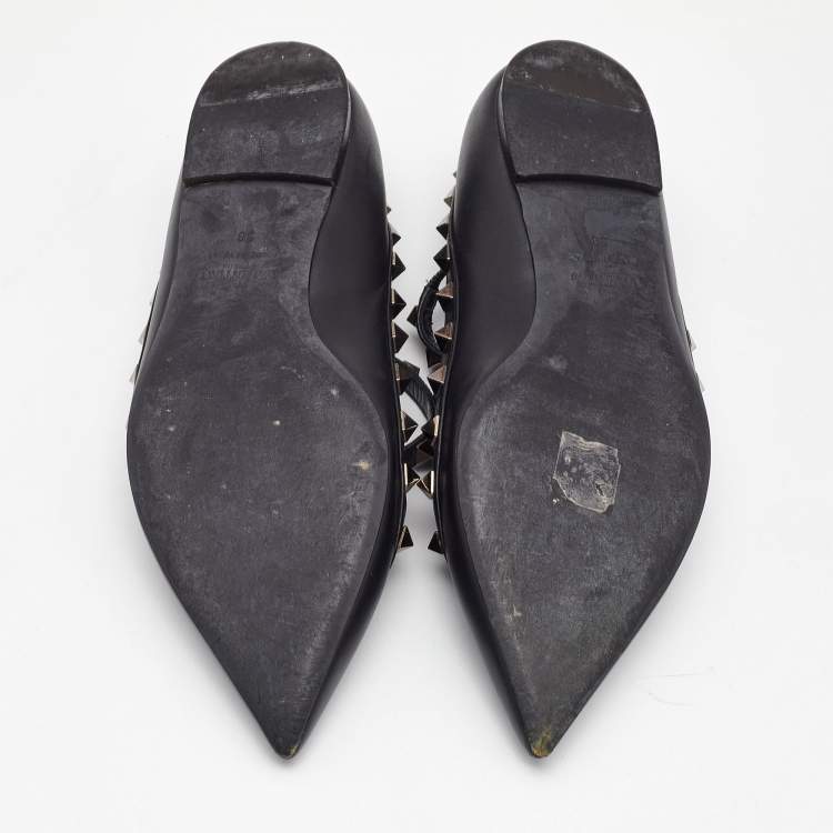 Pre Owned Valentino Black Leather Rockstud Cage Ballet Flats Size 38