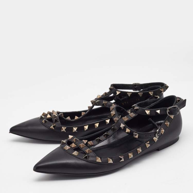 Pre Owned Valentino Black Leather Rockstud Cage Ballet Flats Size 38
