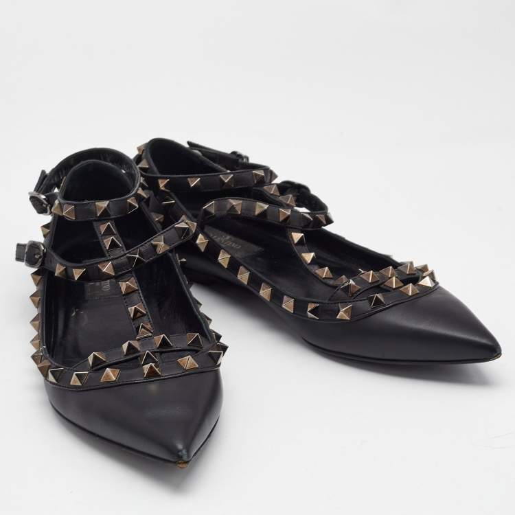 Pre Owned Valentino Black Leather Rockstud Cage Ballet Flats Size 38