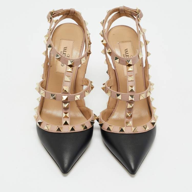 Pre Owned Valentino Black/Beige Leather Rockstud Ankle Strap Pumps Size 35