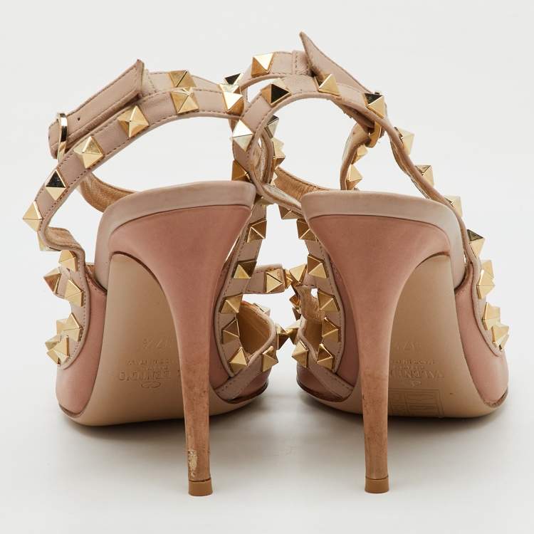 Pre Owned Valentino Beige/Pink Leather Rockstud Caged Pumps Size 37.5