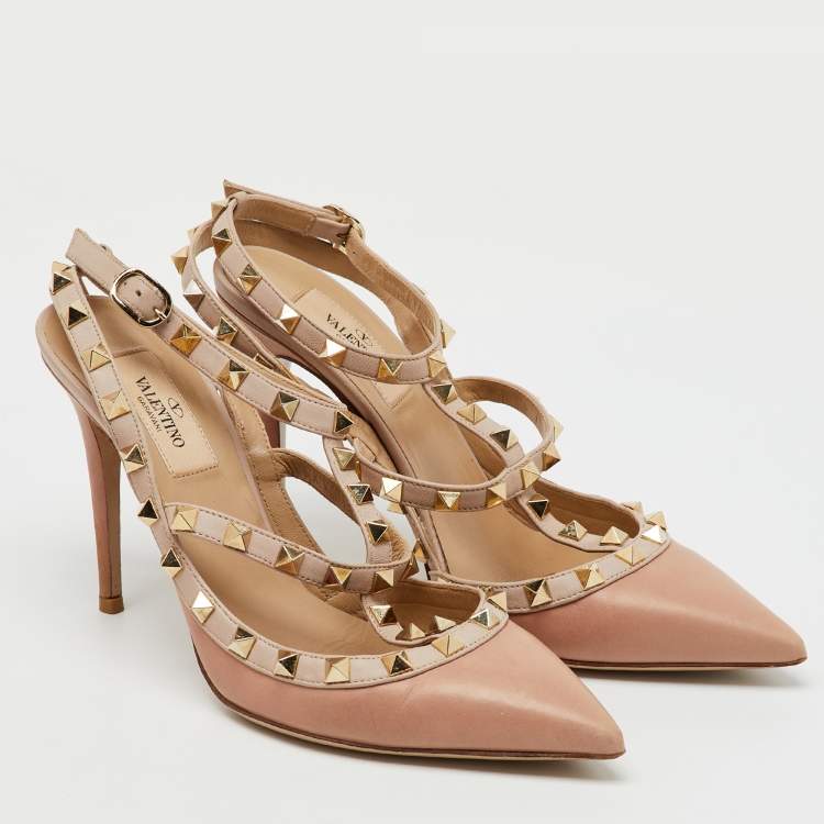 Pre Owned Valentino Beige/Pink Leather Rockstud Caged Pumps Size 37.5