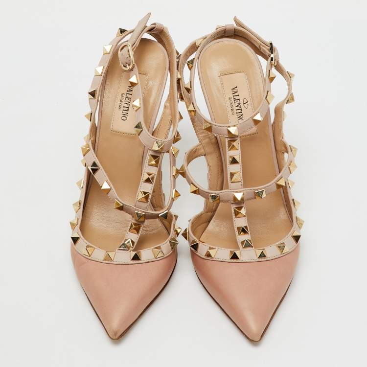 Pre Owned Valentino Beige/Pink Leather Rockstud Caged Pumps Size 37.5
