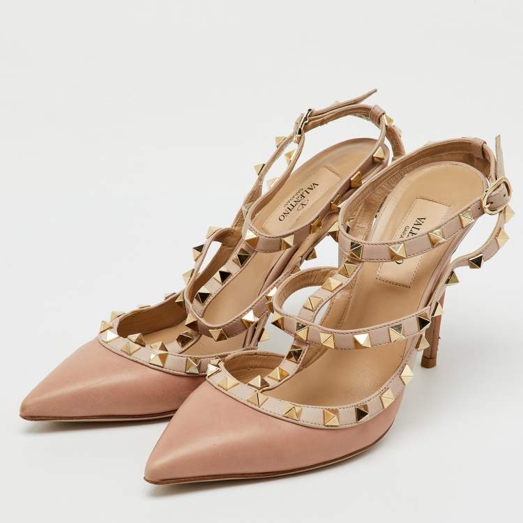 Pre Owned Valentino Beige/Pink Leather Rockstud Caged Pumps Size 37.5