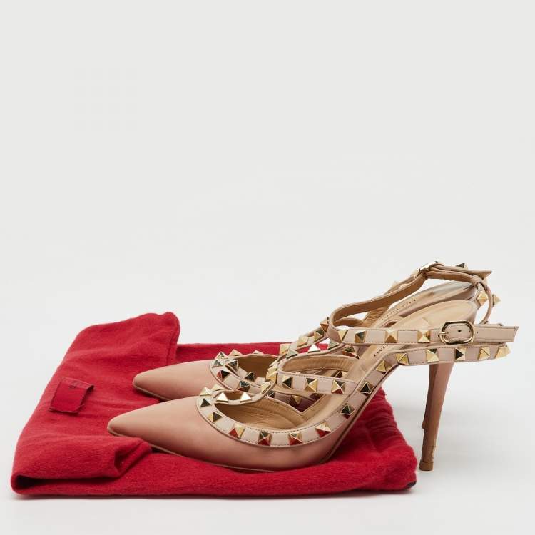 Pre Owned Valentino Beige/Pink Leather Rockstud Caged Pumps Size 37.5
