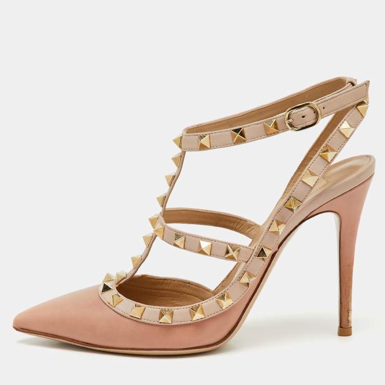 Pre Owned Valentino Beige/Pink Leather Rockstud Caged Pumps Size 37.5