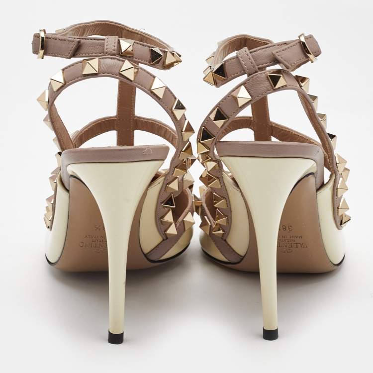 Pre Owned Valentino Off White/Beige Patent and Leather Rockstud Caged Pumps Size 38.5