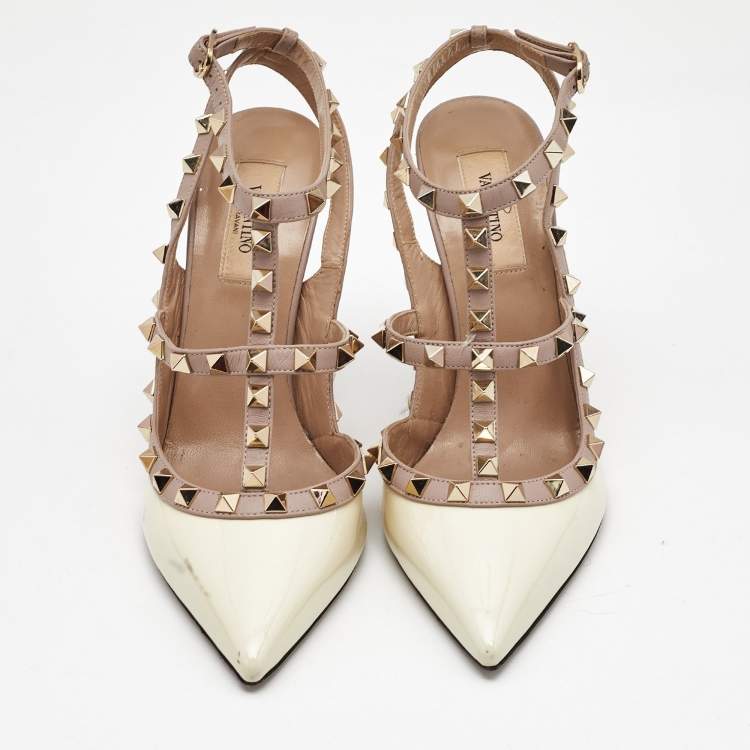 Pre Owned Valentino Off White/Beige Patent and Leather Rockstud Caged Pumps Size 38.5