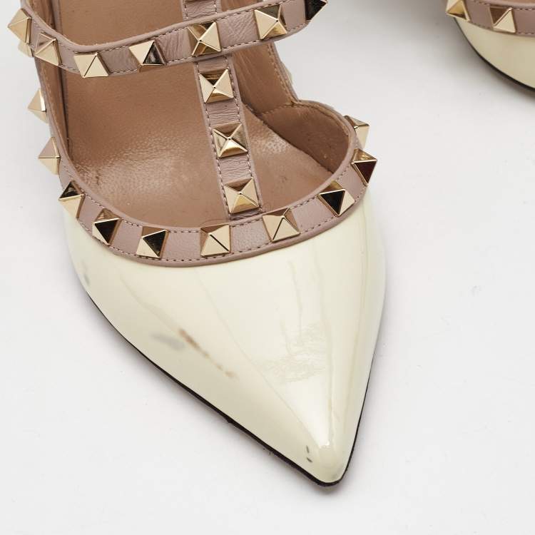 Pre Owned Valentino Off White/Beige Patent and Leather Rockstud Caged Pumps Size 38.5