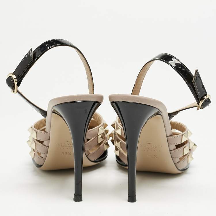 Pre Owned Valentino Black/Dusty Pink Leather Rockstud Caged Slingback Pumps Size 38,5
