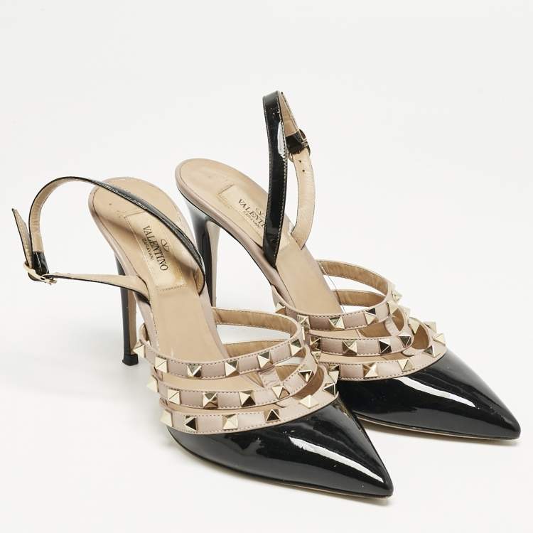 Pre Owned Valentino Black/Dusty Pink Leather Rockstud Caged Slingback Pumps Size 38,5