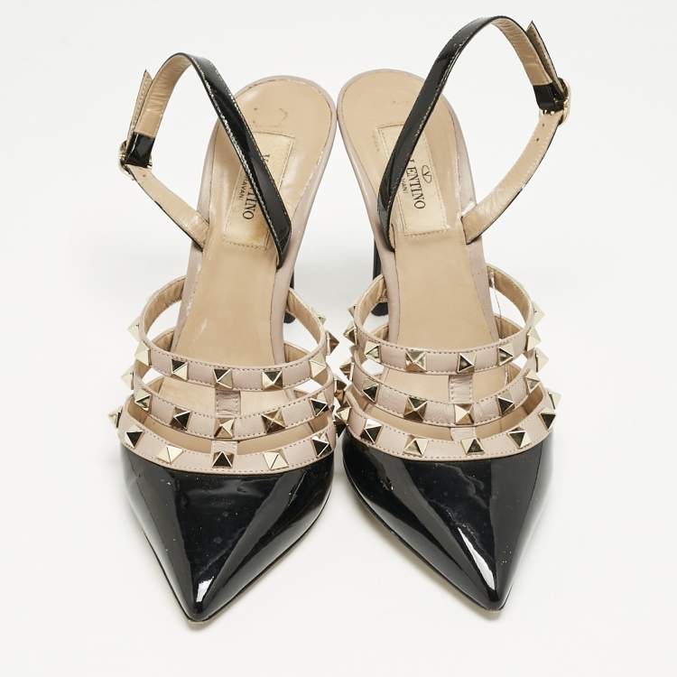 Pre Owned Valentino Black/Dusty Pink Leather Rockstud Caged Slingback Pumps Size 38,5